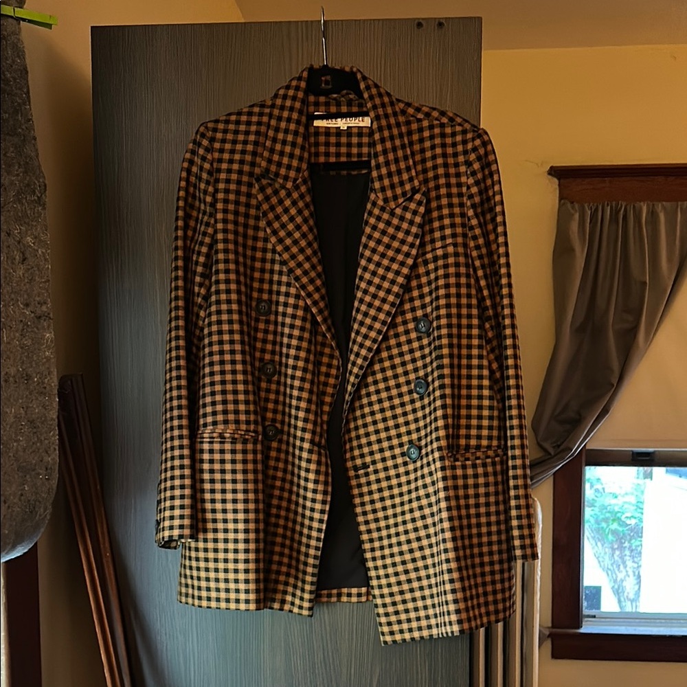 Free People Ashby Plaid Double-Breasted Tan and Black Plaid Jacket M
